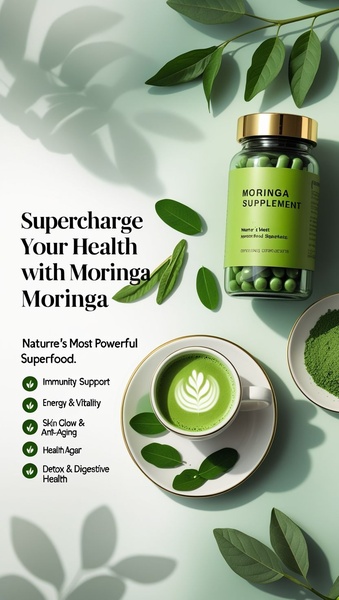 A 9:16 vertical social ad featuring a bottle of Moringa supplements alongside a cup of green tea, using a soft, organic aesthetic to present core health benefits.